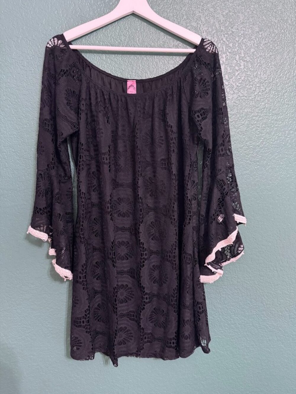 Honeyme Curvy Black Lace Dress Bell Sleeve Pink Trim XL Boho Witchy Whimsigoth